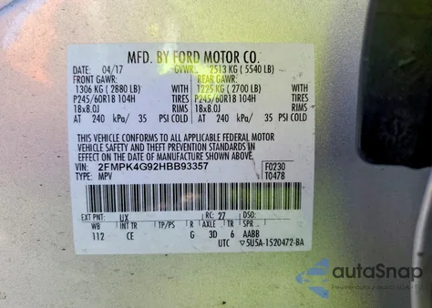 2017 Ford Edge Se from USA, damaged, VIN 2FMPK4G92HBB93357